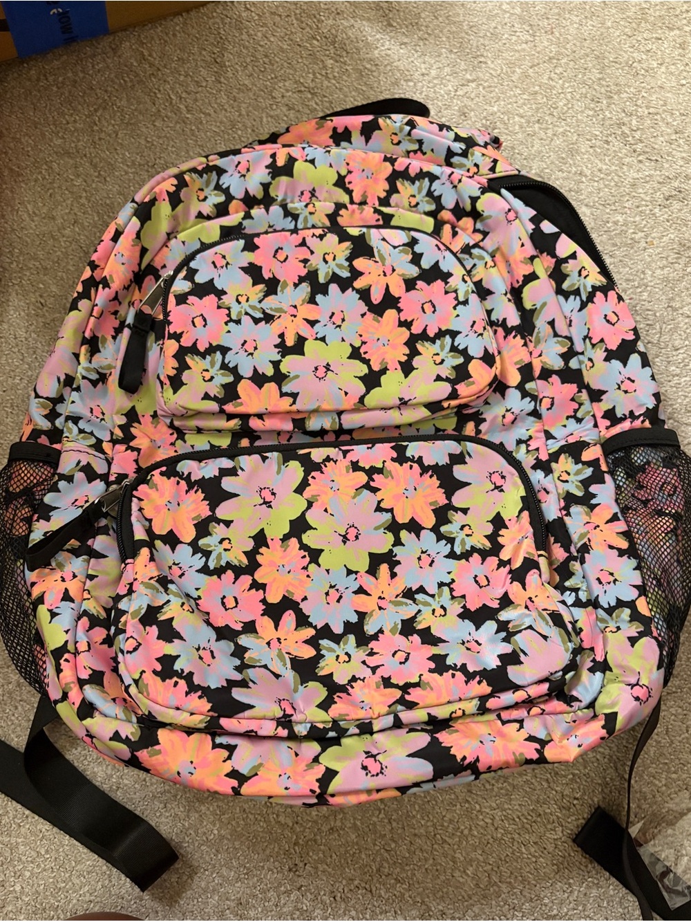 Floral Print Backpack – Black with Neon Pastel Flowers